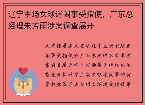 辽宁主场女球迷闹事受指使，广东总经理朱芳雨涉案调查展开